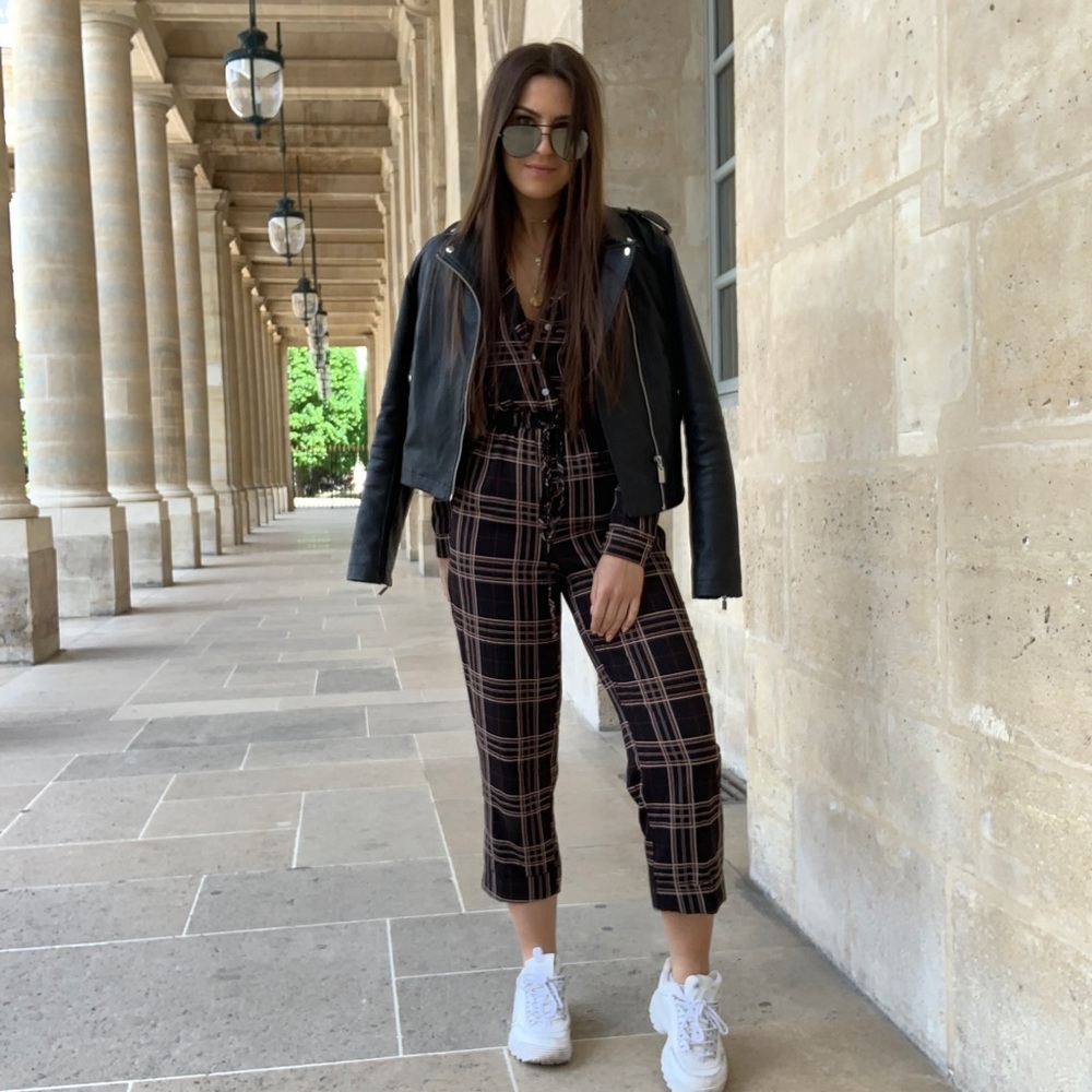 BLACK AND BROWN BUTTON UP PLAID JUMPSUIT